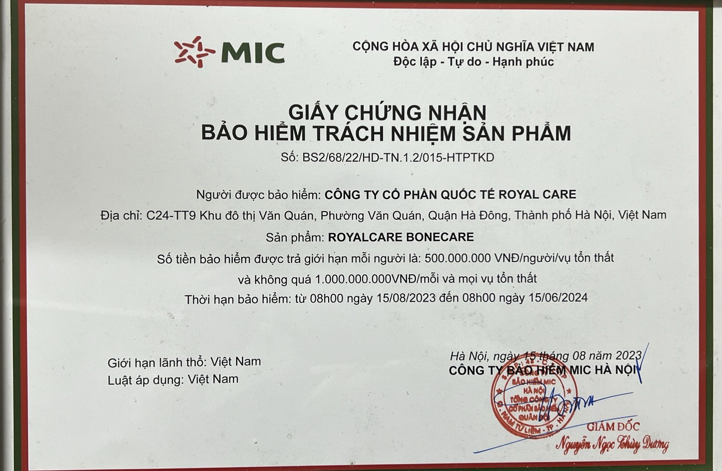 Giấy chứng nhận Bảo Hiểm Mic